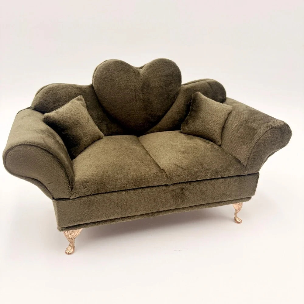Miniature Sofa Jewelry Box Olive Green Velvet Heart Back Rose Gold Legs Mirror